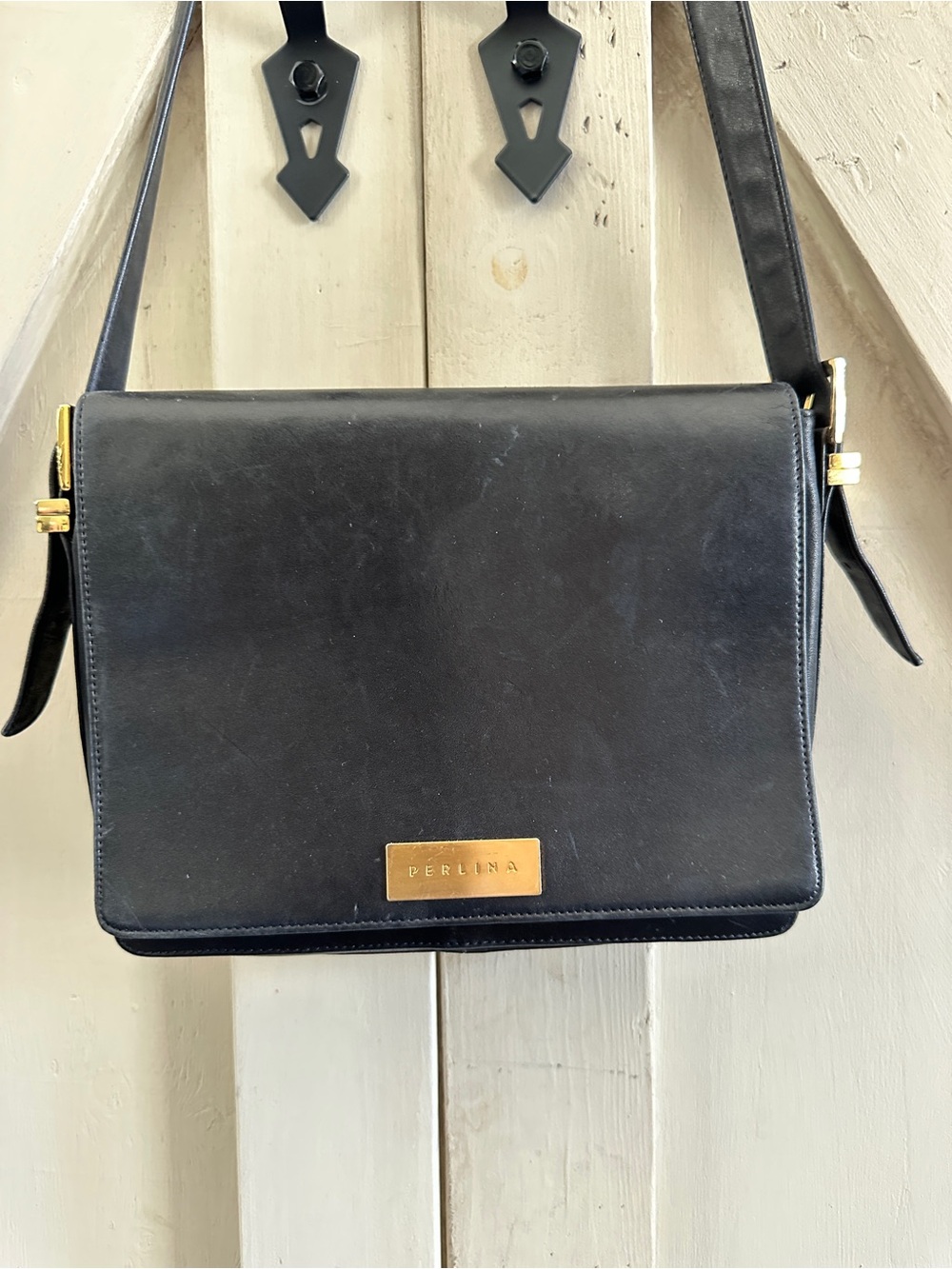 Vintage Perlina New York Black Leather Flap Shoulder Bag Gold Hardware Korea